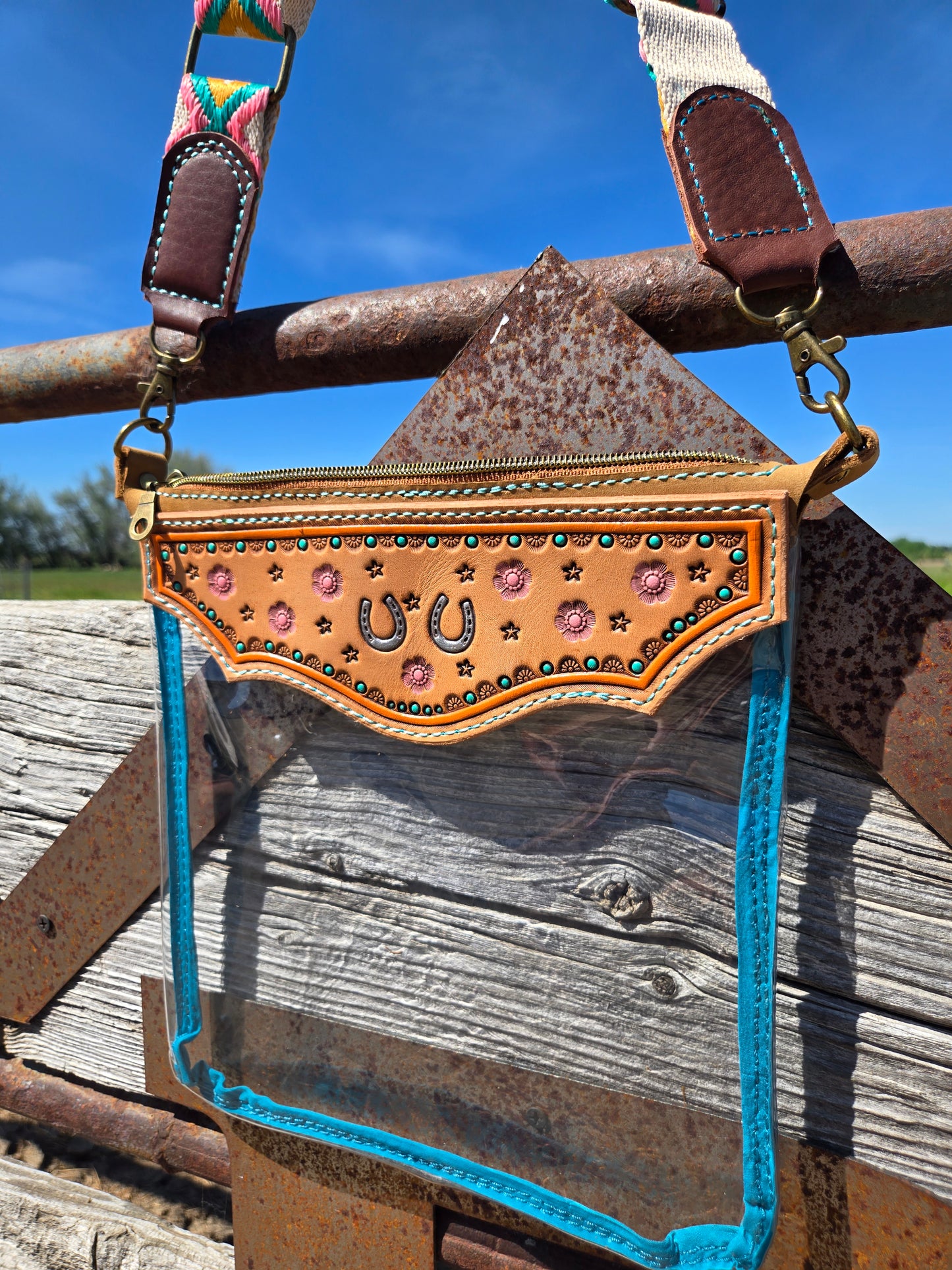 Horseshoe Tooled Leather and Vinyl Stadium Purse
