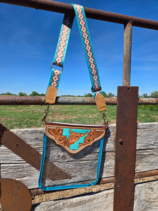 Turquoise Cow Skull Tooled Leather and Vinyl Stadium Purse