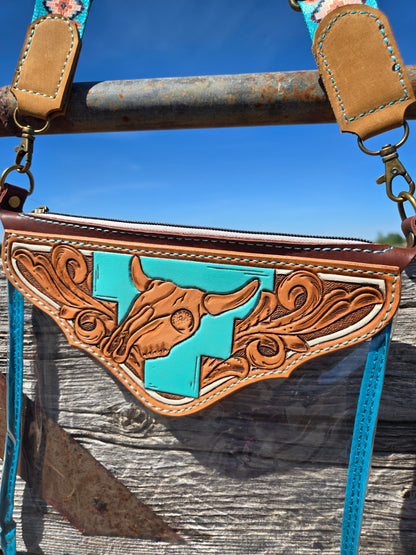 Turquoise Cow Skull Tooled Leather and Vinyl Stadium Purse