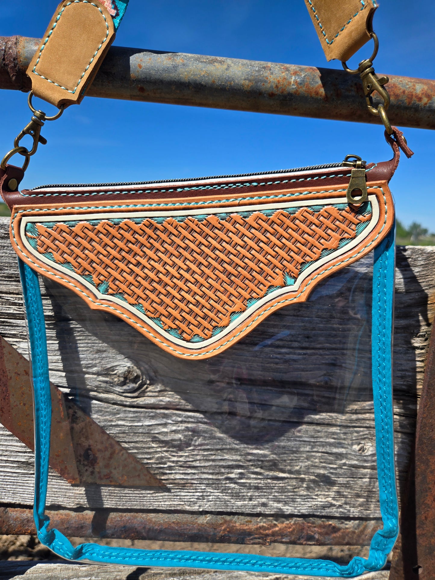 Turquoise Cow Skull Tooled Leather and Vinyl Stadium Purse