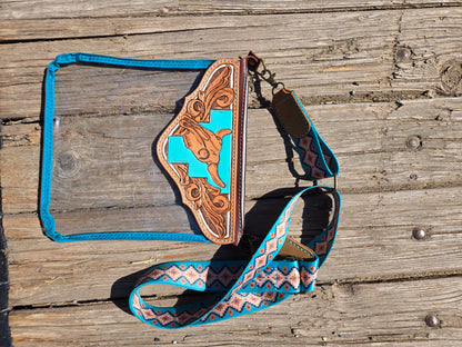 Turquoise Cow Skull Tooled Leather and Vinyl Stadium Purse