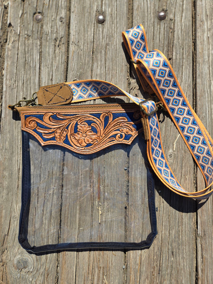 Blue Floral Tooled Leather and Vinyl Stadium Purse