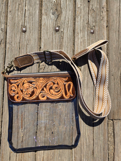 Brown Floral and Scroll Tooled Leather and Vinyl Stadium Purse