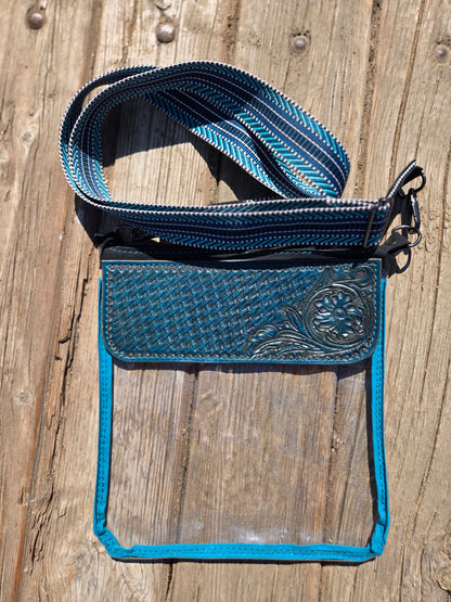 Teal Floral and Basket Stamp Tooled Leather and Vinyl Stadium Purse