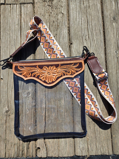 Brown Floral Tooled Leather and Vinyl Stadium Purse