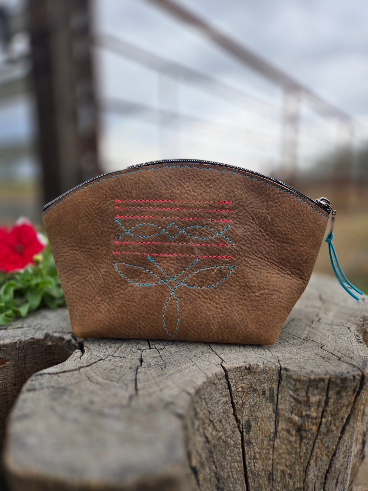 Hot Pink & Turquoise Boot Stitch Leather Makeup Bag
