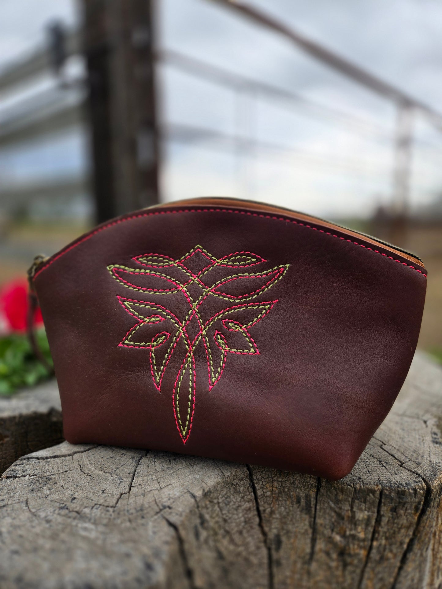 Hot Pink & Lime Green Boot Stitch Leather Makeup Bag