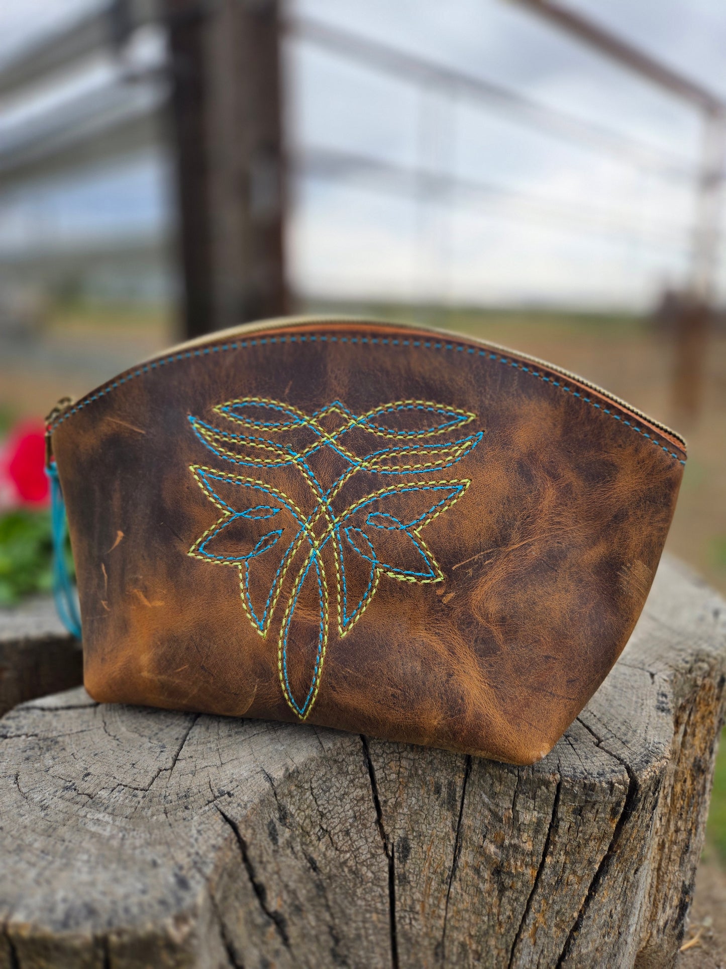 Turquoise & Lime Green Boot Stitch Leather Makeup Bag