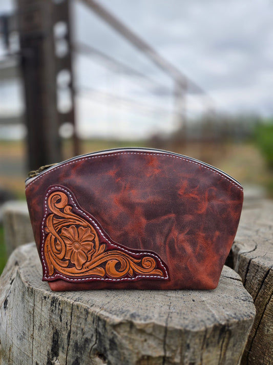 Red Crinkle Tooled Leather Makeup Bag
