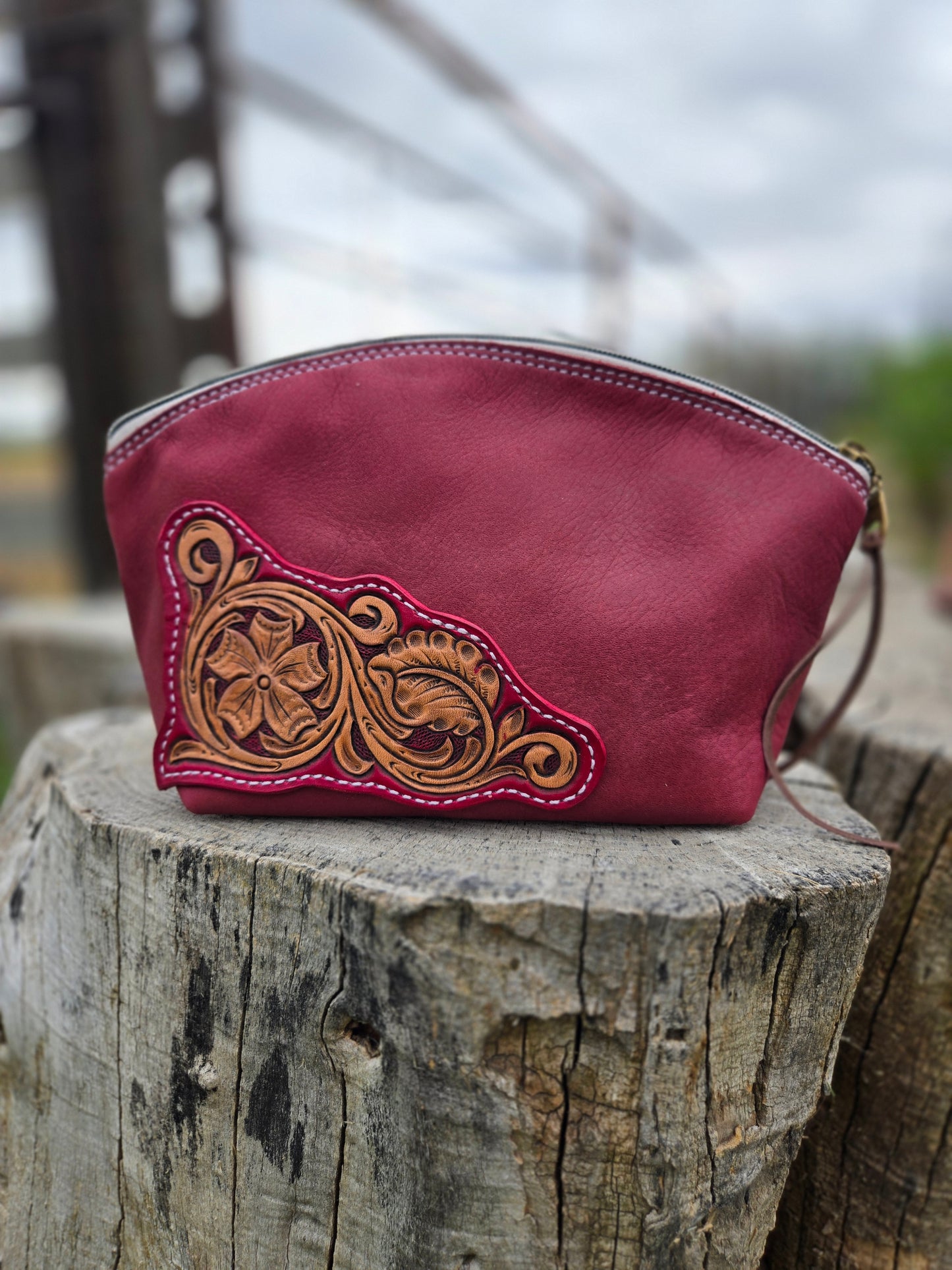 Magenta Tooled Leather Floral Makeup Bag