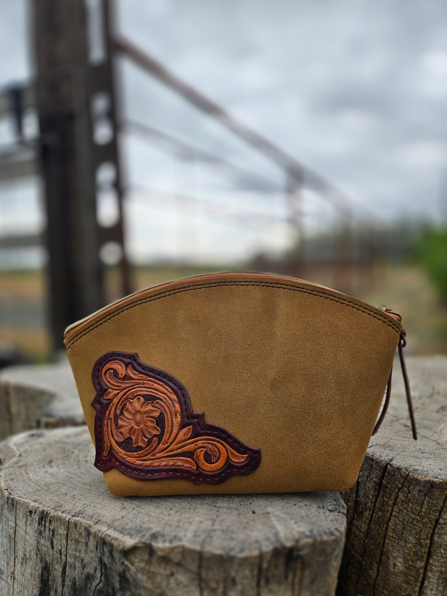Dark Yellow Tooled Leather Floral Makeup Bag