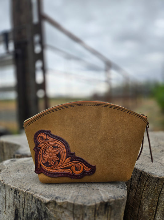Dark Yellow Tooled Leather Floral Makeup Bag