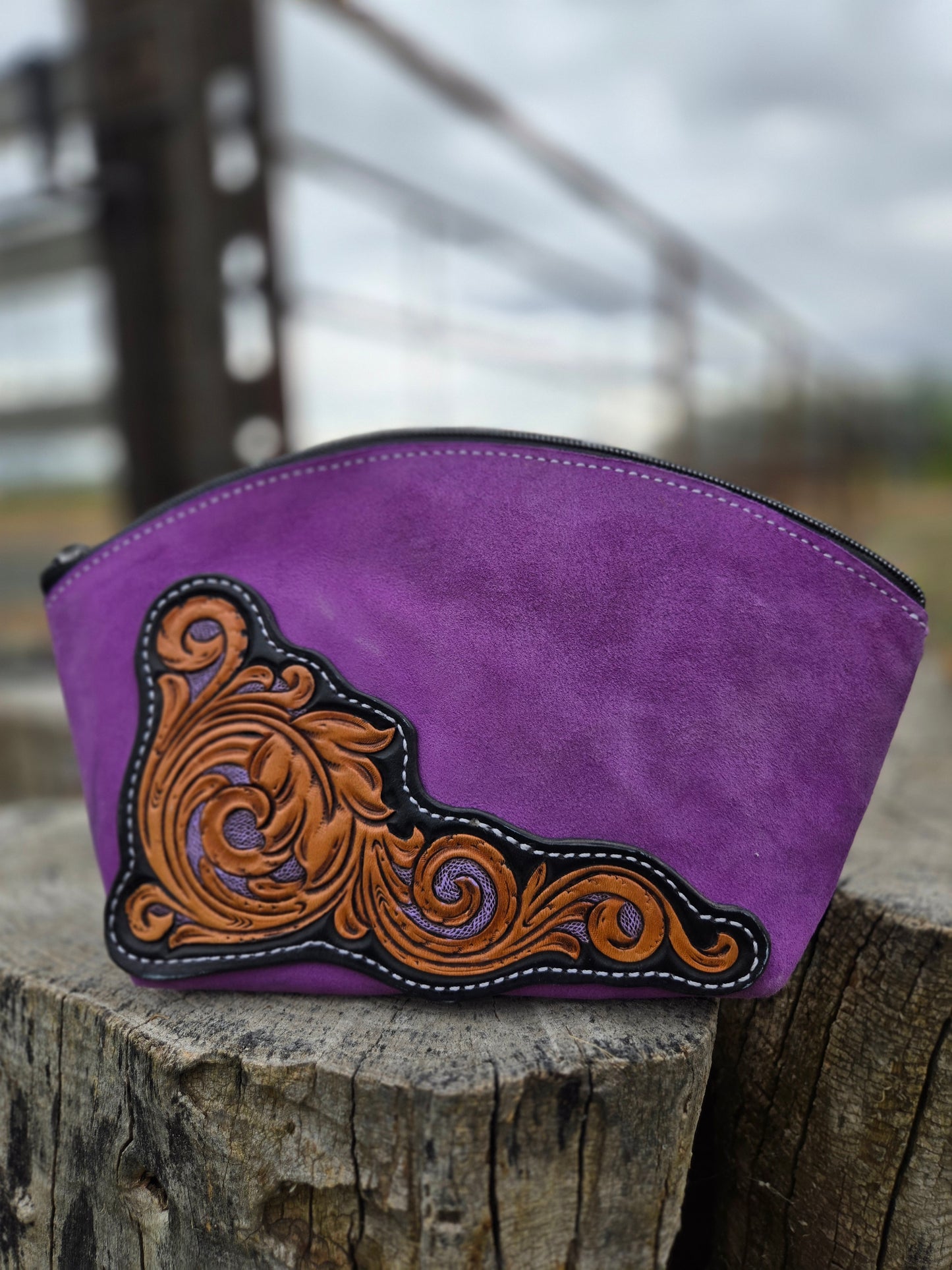 Purple Tooled Leather Floral Makeup Bag