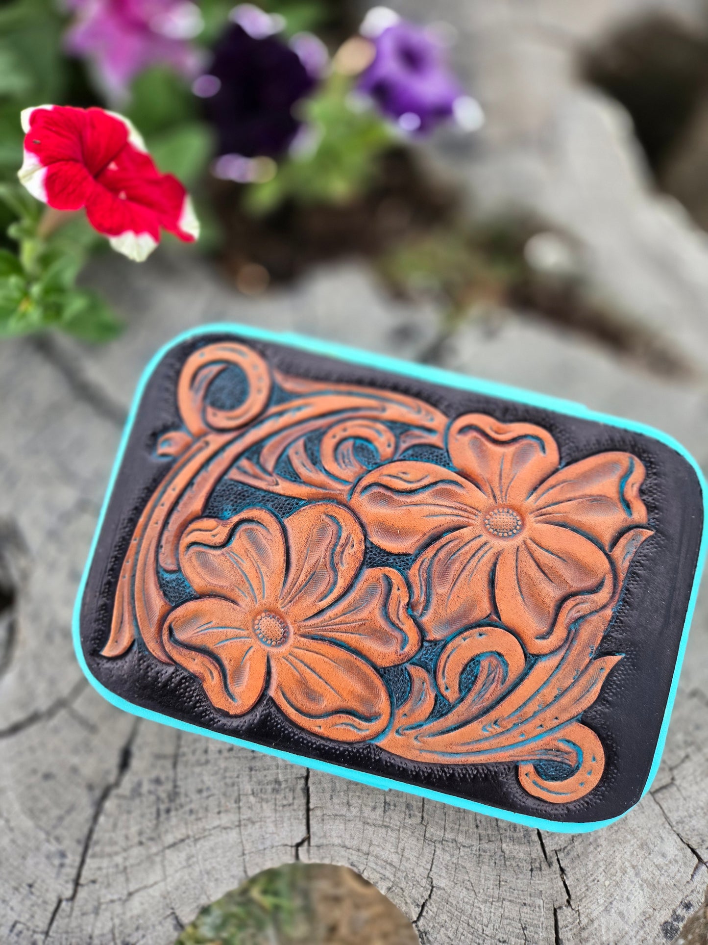 Turquoise & Black Tooled Leather Jewelry Case
