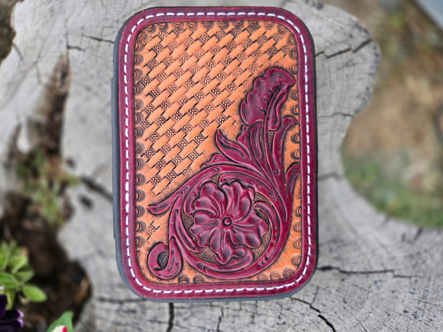 Maroon Floral & Basket Tooled Leather Jewelry Case